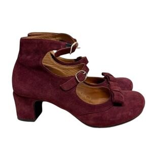 Chie Mihara Burgundy Suede Triple Strap Mary Jane Bow Block Heels 36 / US 5.5-6